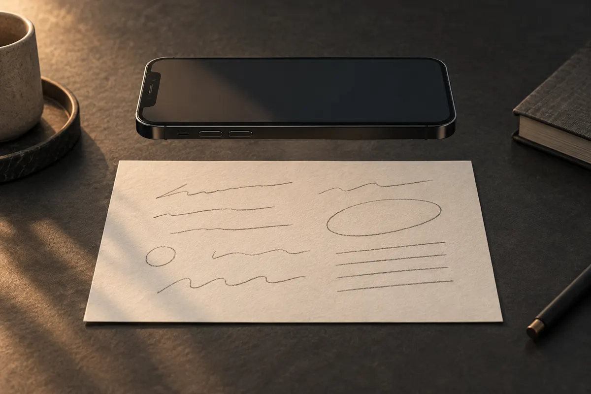Ilustracja telefonu skanującego papierowe notatki na równomiernie oświetlonym blacie.
