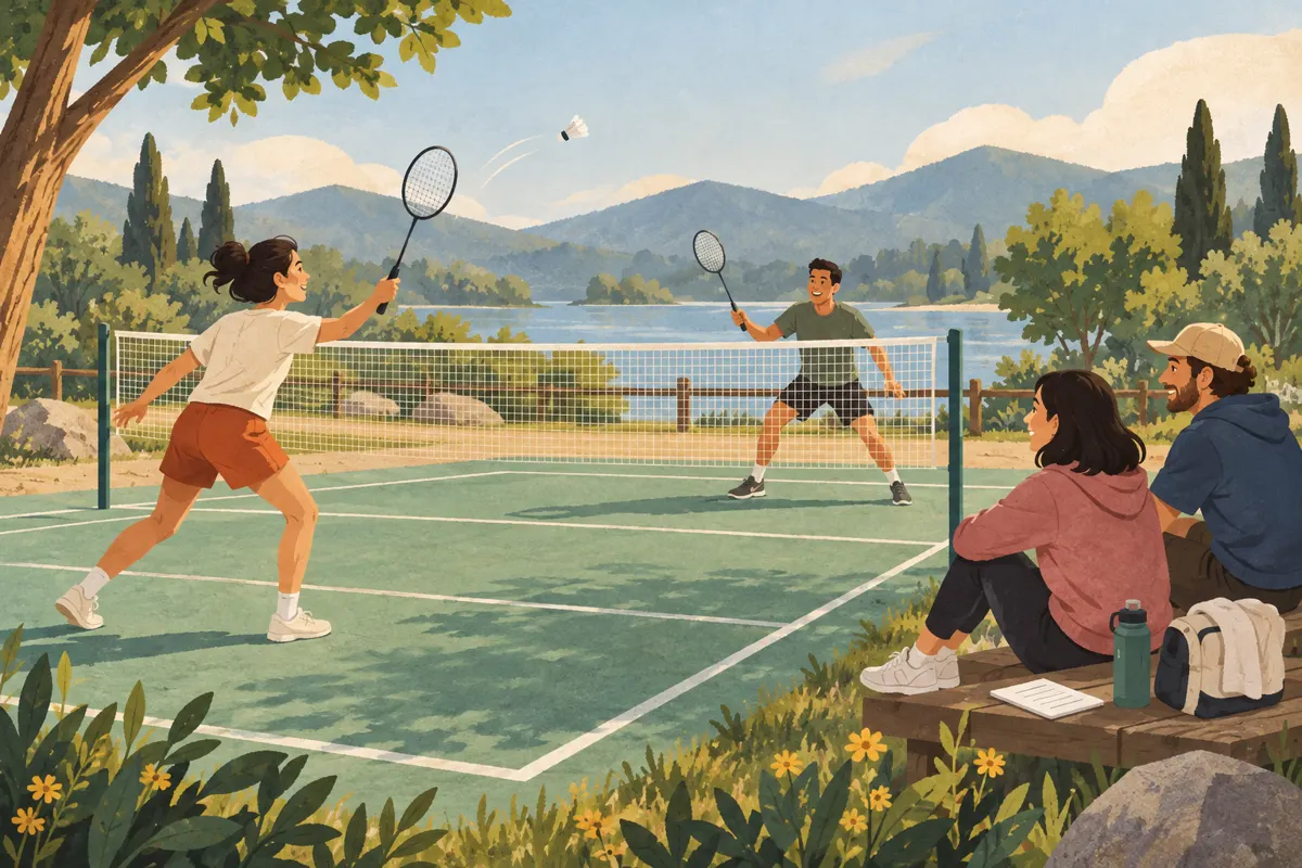 Ilustracja znajomych grających w badmintona i czekających na swoją kolej przy korcie.