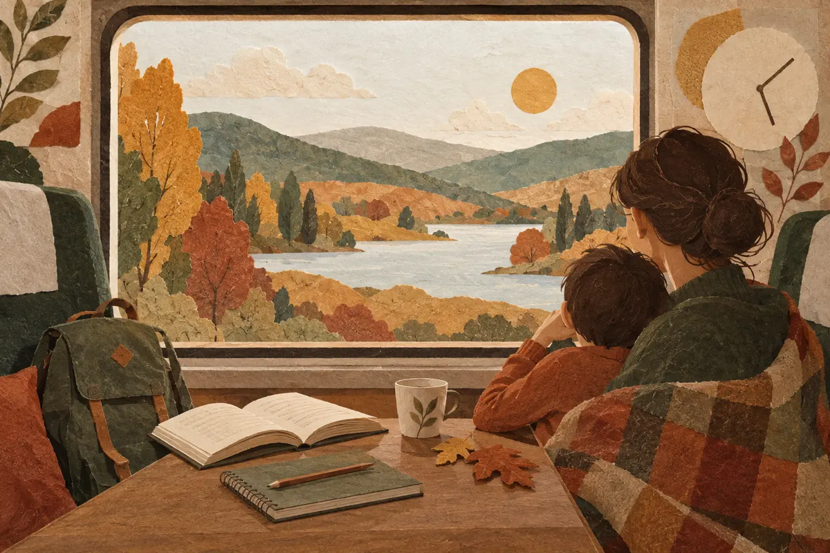 Ilustracja opiekuna i dziecka w pociągu, z plecakiem i notesem na tle jesiennego krajobrazu.
